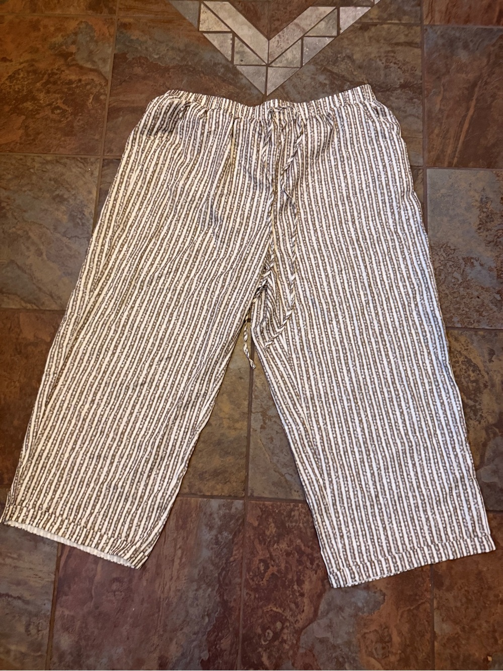 Women's Cotton Drawstring Pants - White with Brown Stripe